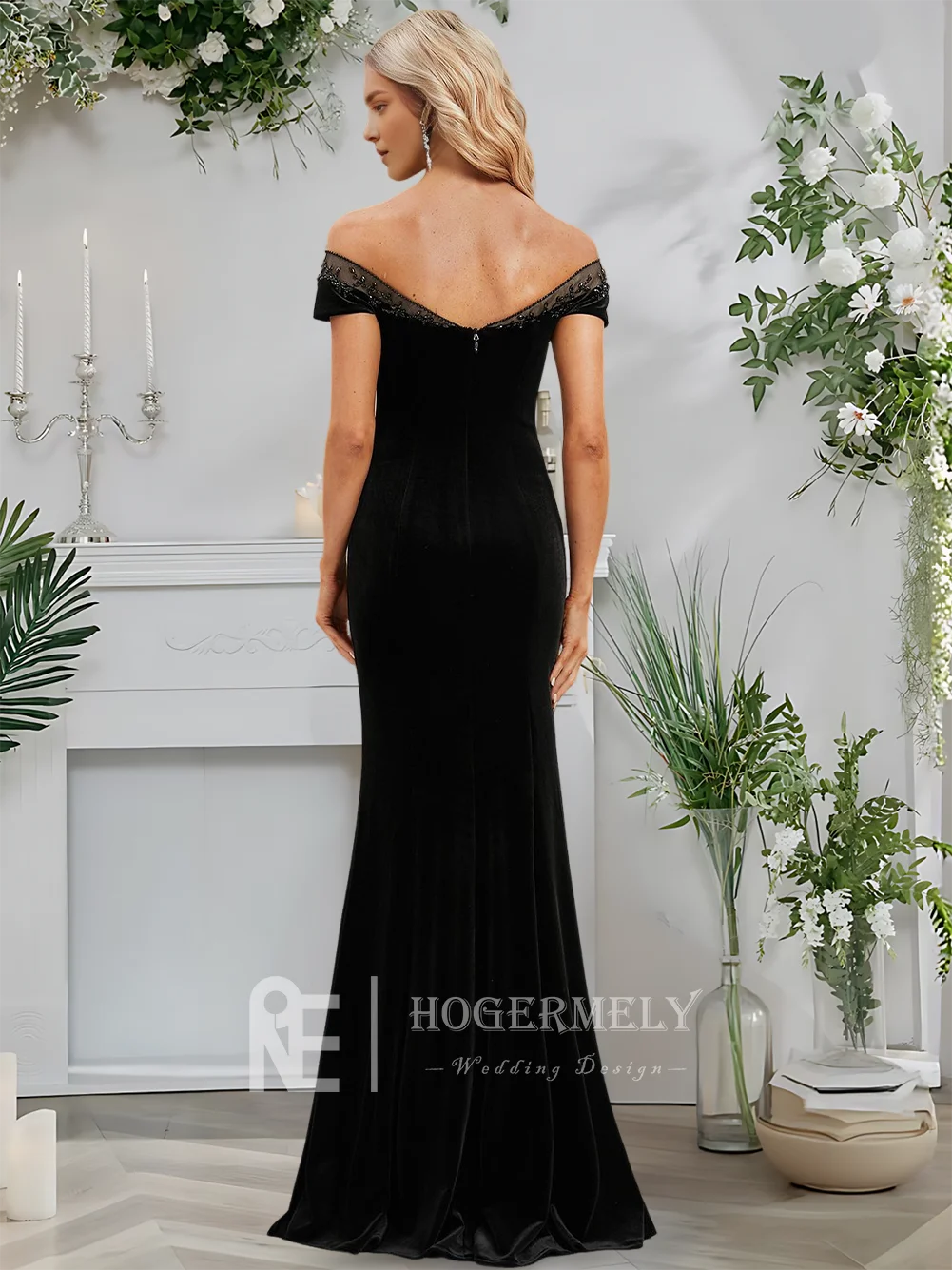 

B Evening Dress Women 2025 Velvet Sheath Column Gown Off Shoulder Strapless With 3D Floral Beading Prom Dress For Wedding Party