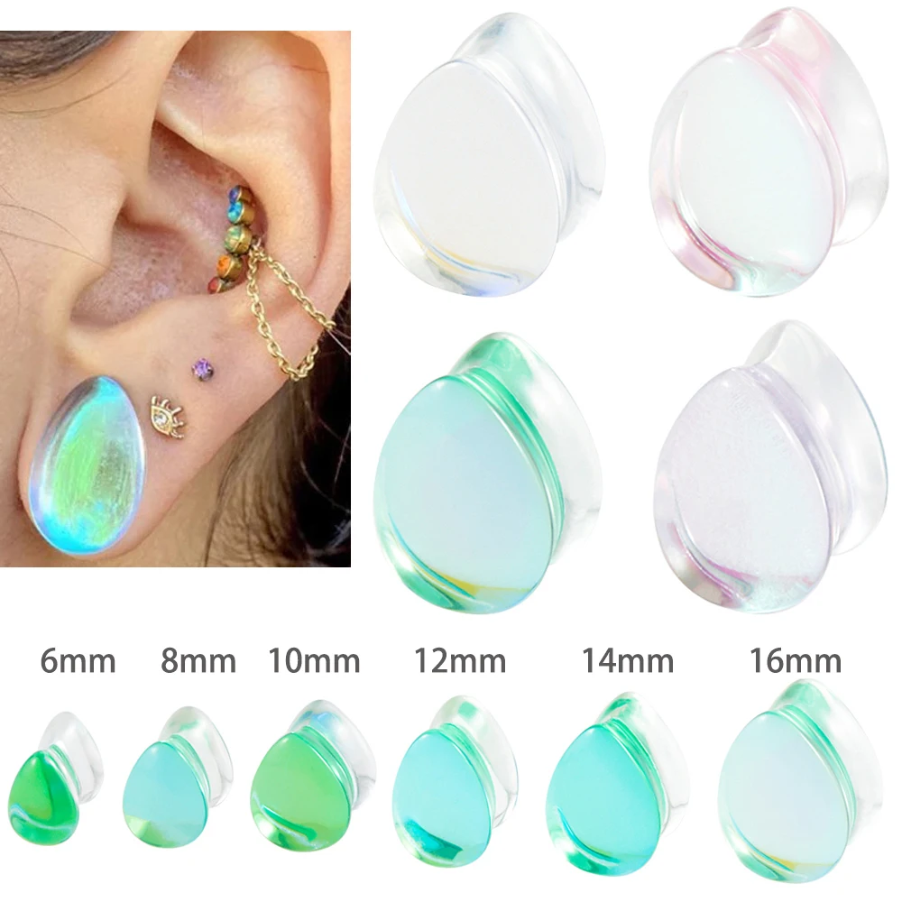 2Pcs Glass Pink Greem Green AB Colorful Water Drop Ear Tunnel Plugs Expanders Stretcher Gauges Earrings Piercing Body Jewelry