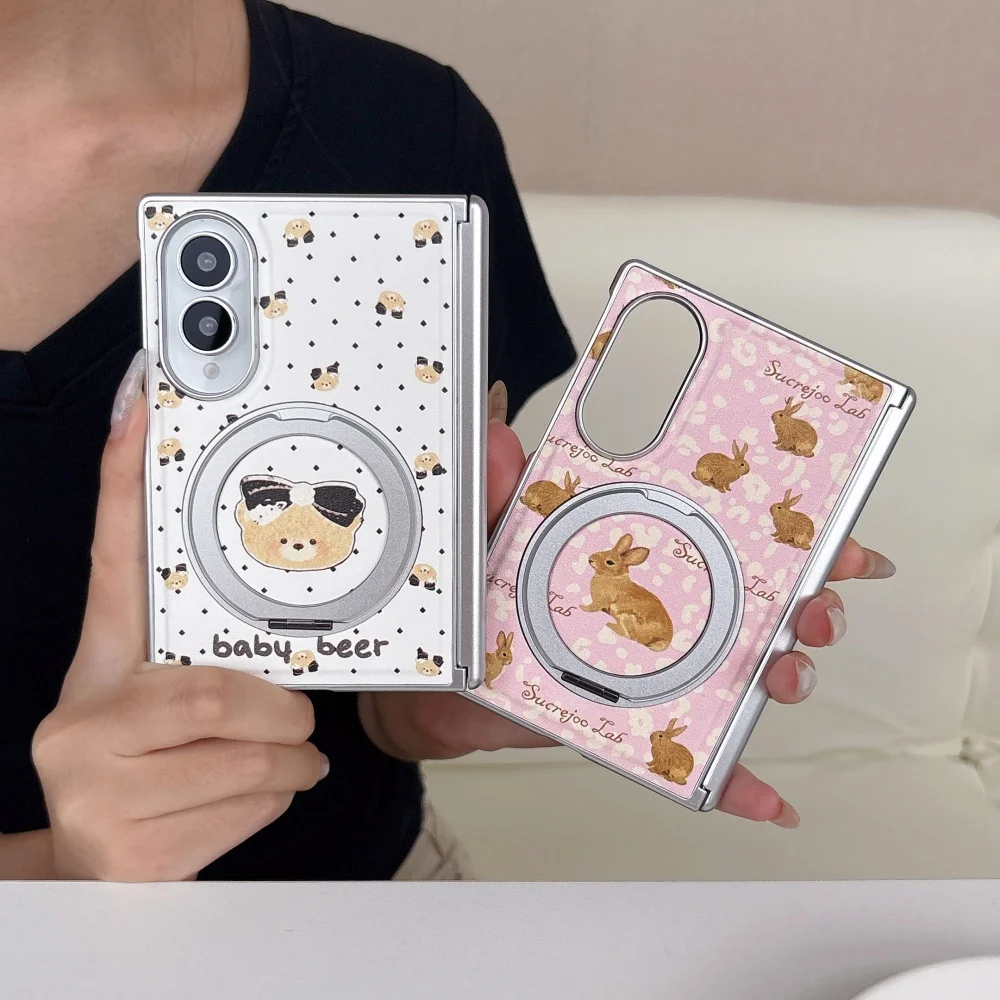 Cute Cartoon Bear And Rabbit Phone Case For Samsung Galaxy Z Fold 8 Fold 8 Ultra Z Fold 7 Z Fold 6 Luxury Anti-Fall Folding Case