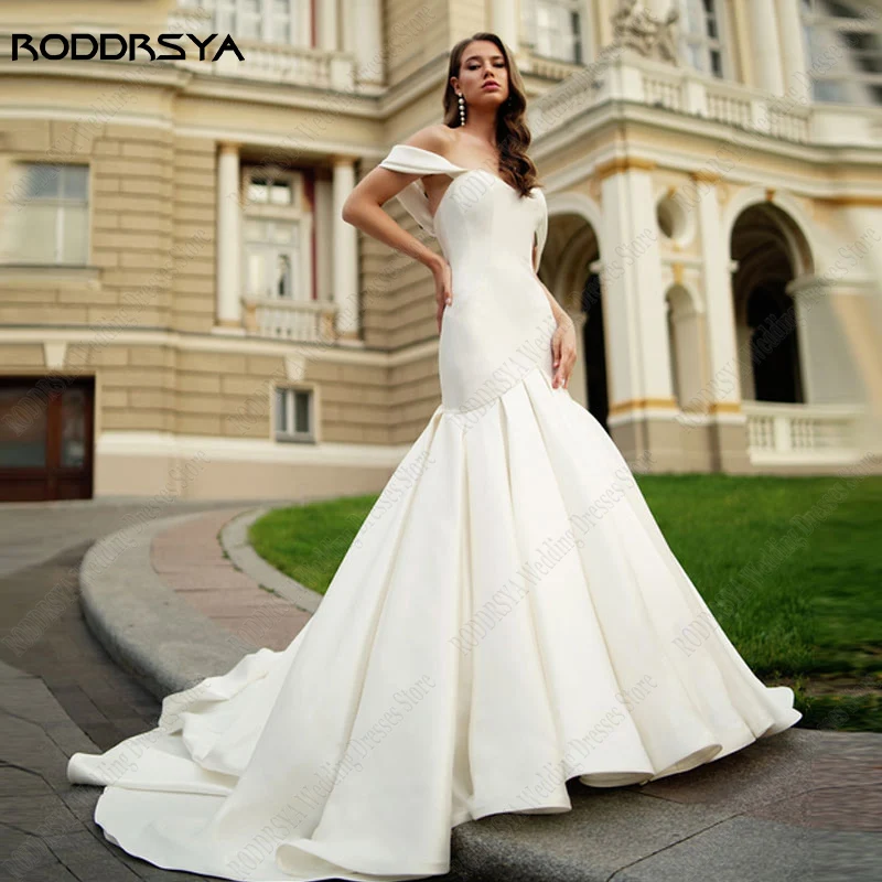 RODDRSYA Nàng Tiên Cá Váy Áo Satin Lệch Vai Áo Cưới Cho Cô Dâu Hở Lưng Đầm Vestido De Novia Không Tay Triều Đình Đoàn Tàu