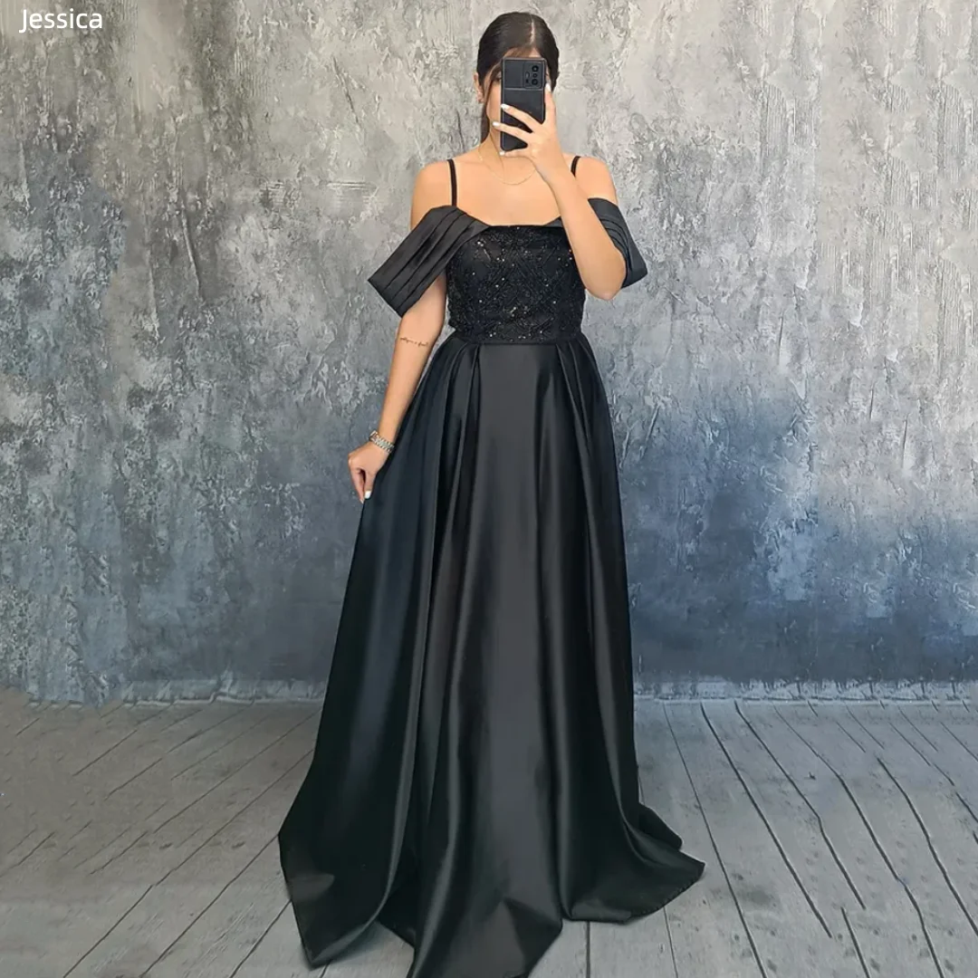 

Джессика Плиссированные тонкие бретели Вечерние платья Черные атласные платья для выпускного вечера Вечерние платья Vestidos De Gala