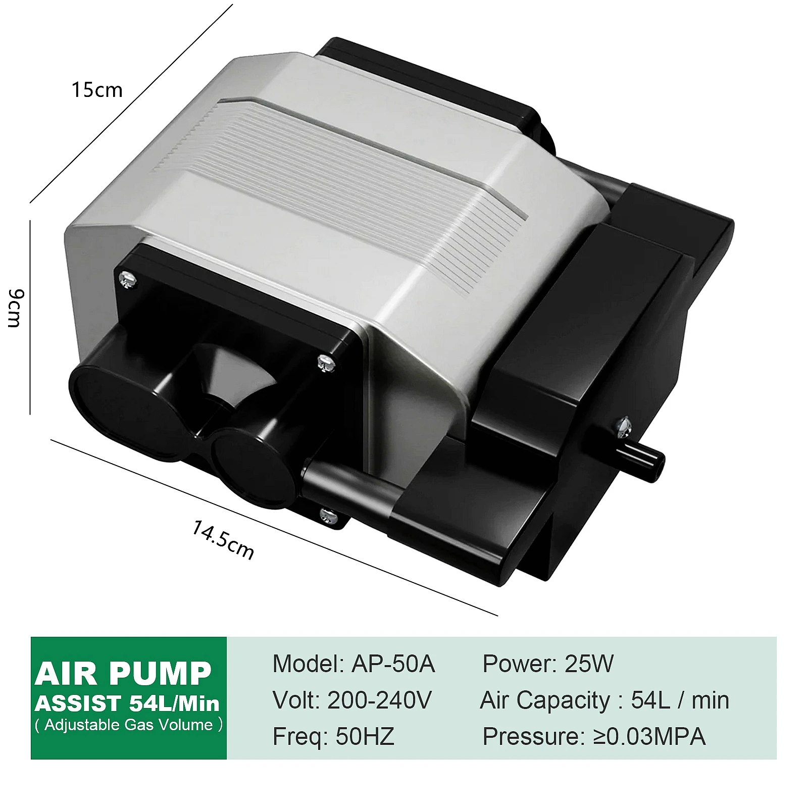 CNC 54L/Min krachtige compressor aquariumbeluchtingspomp met hoge energie, 25W elektrische luchtcompressor, geschikt voor aquariums, aquariums, regelbare snelheid, laag geluidsniveau