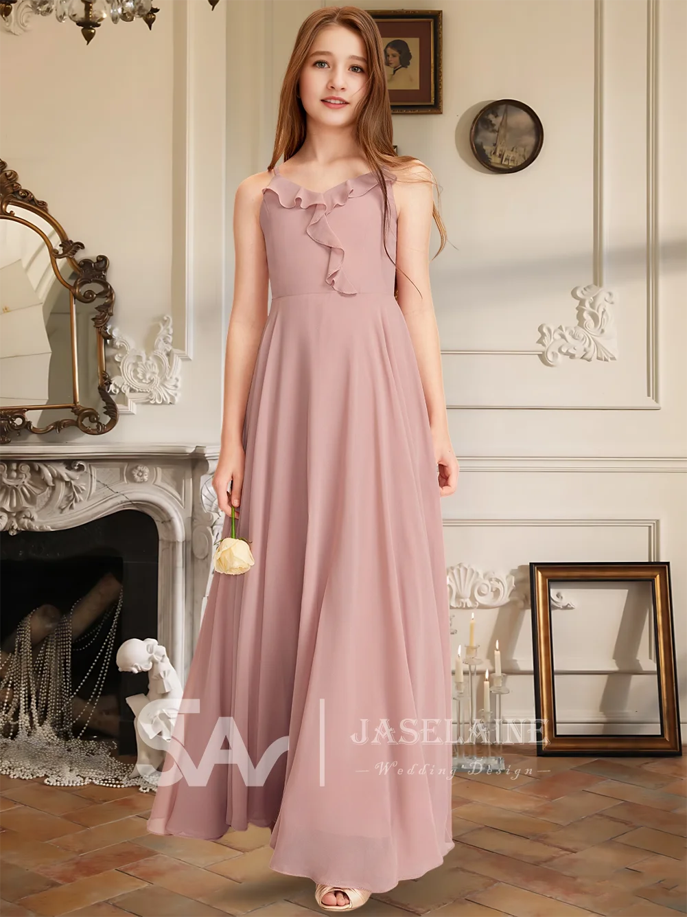 A Elegant A-Line V-Neck Floor-Length Chiffon Junior Bridesmaid Dress Flower Girl Dress Party Wedding Formal Occasion Teens Kids