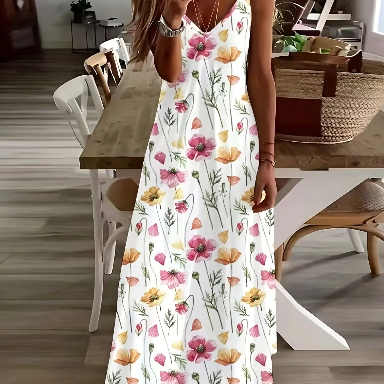 

Fresh And Elegant Floral Beach Vacation Casual V-neck Dress, Fashionable And Sexy Suspender Long Skirt Loose Long Skirt