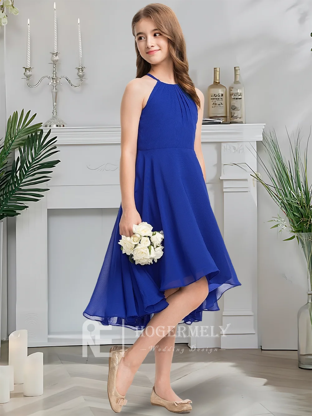 B Bambini Bambino A-Line Halter Chiffon Junior Abito da damigella d'onore Zaffiro Fiore Ragazza Abito Estate Comunione Abito da festa per ragazzi