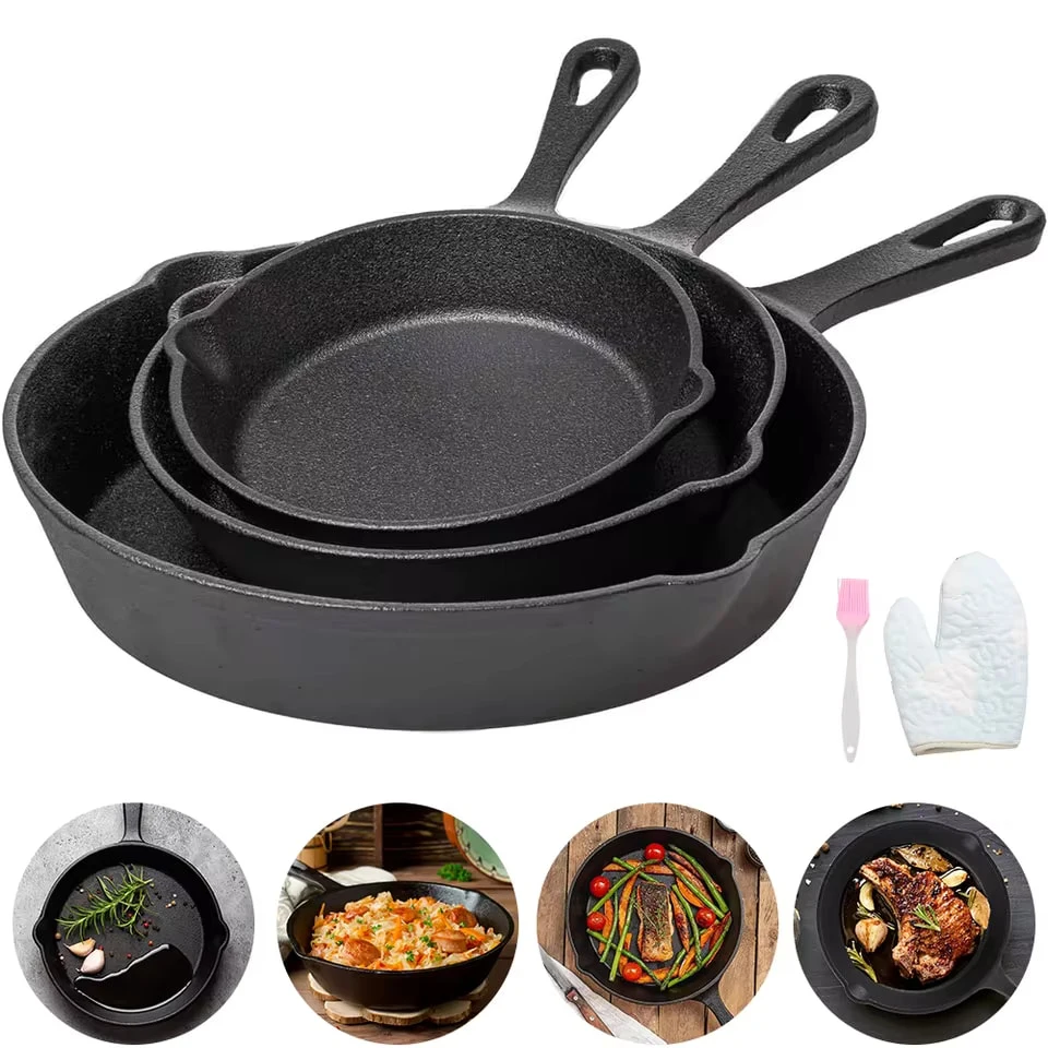 Juego de 3 sartenes de hierro fundido sin recubrimiento, sartenes antiadherentes precuradas, sartenes antiadherentes para cocinar y freír, sartén para omelets