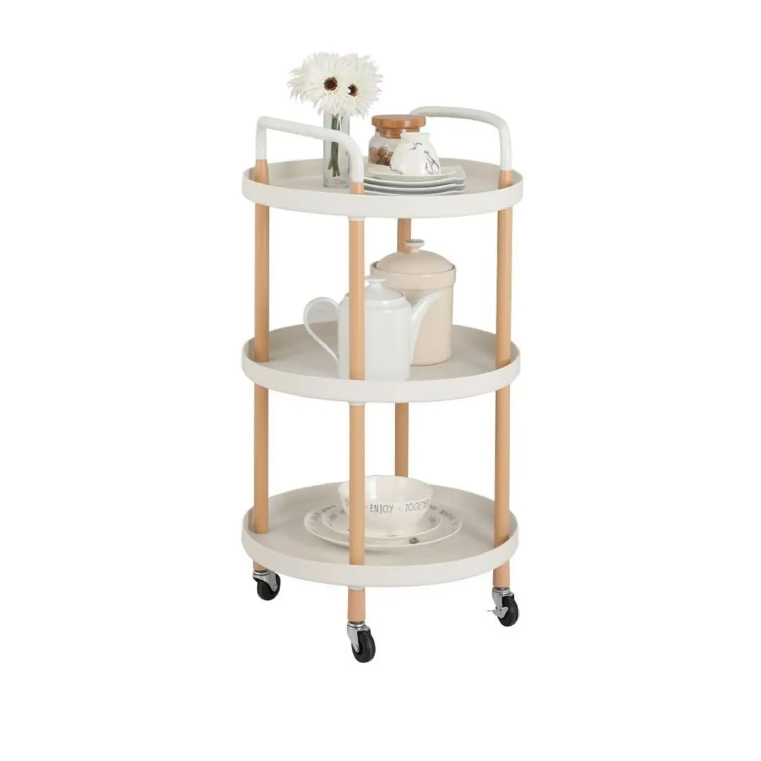 3 Tier Round Rolling Cart : Storage Organizer Cart with Handle and Lockable Wheels Multi-Functional Utility Cart(White)