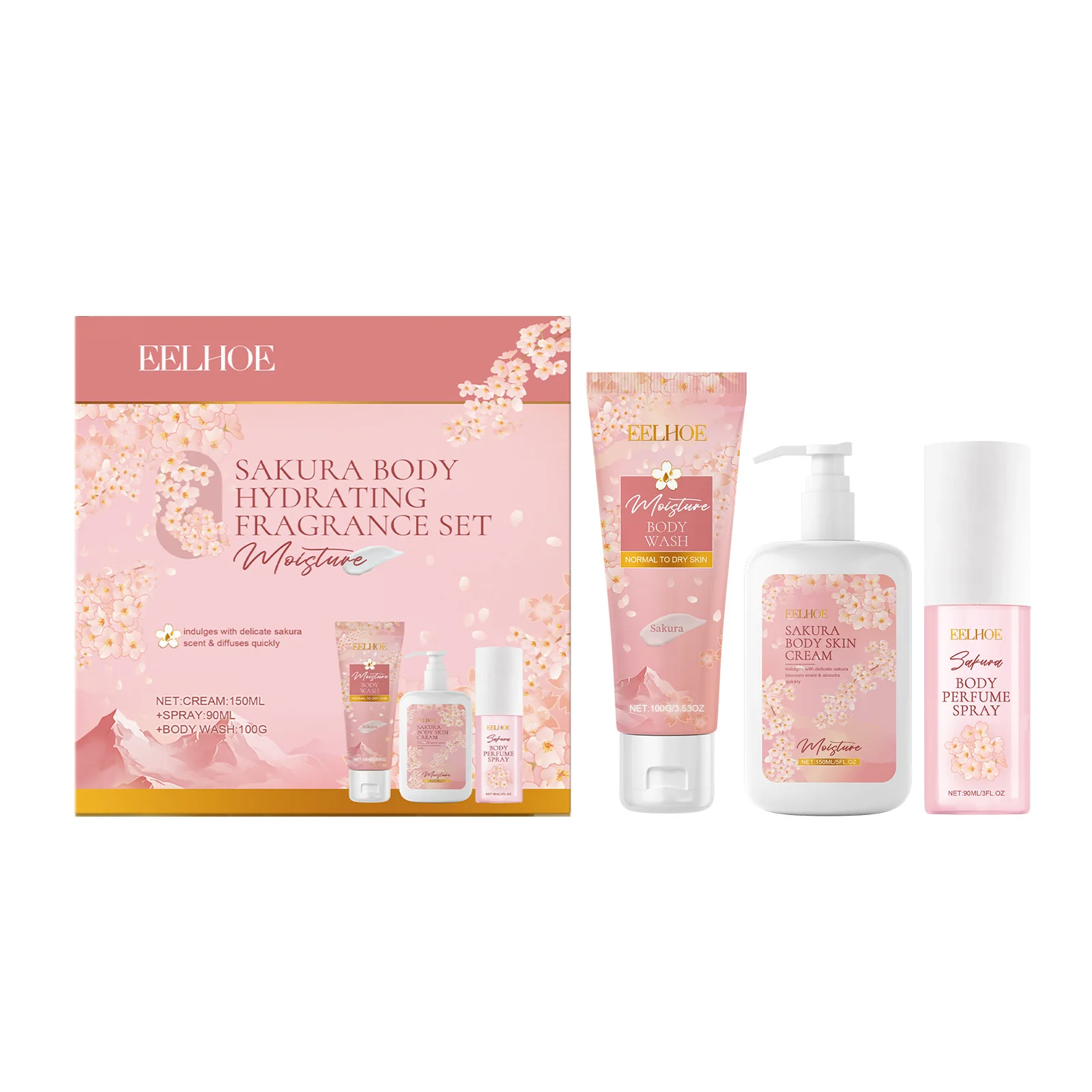 Eelhoe 1set Sakura Body Skincare Set Lasting Moisturizer Brightening Gentle Exfoliating Nourishing Bath Smooth Skin Perfume Set