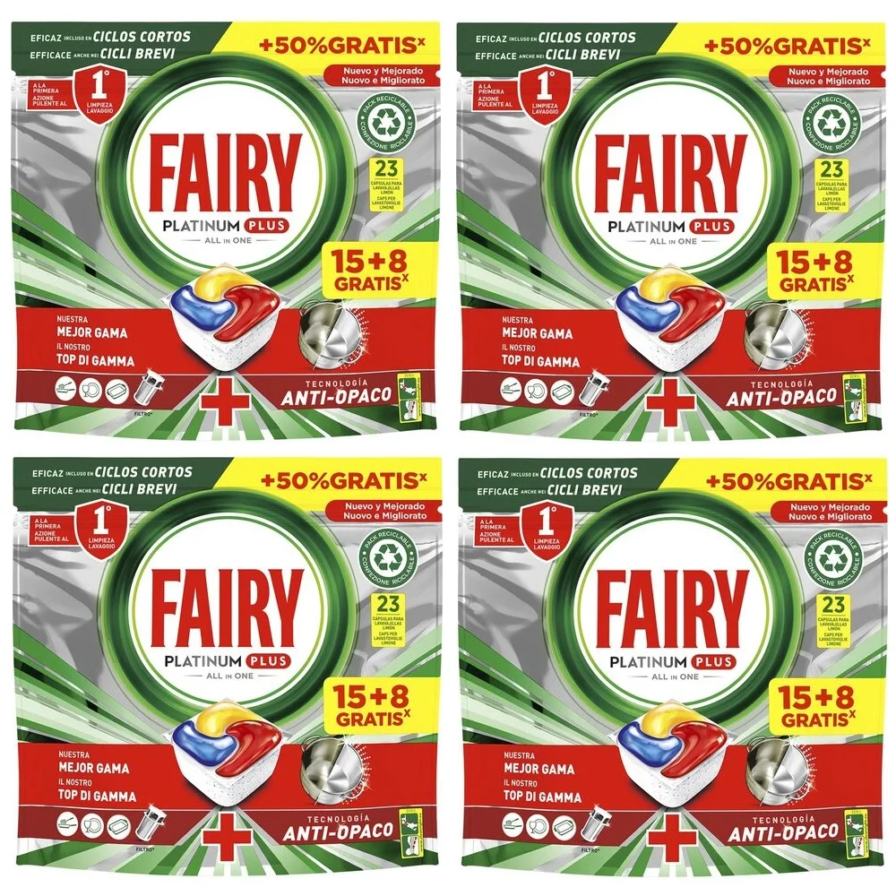 Fairy Platinum Plus capsules for dishwasher 15 + 8, Pack 23x4 Total 92 capsules, remove difficult remains, Aroma lemon, effective short cycles