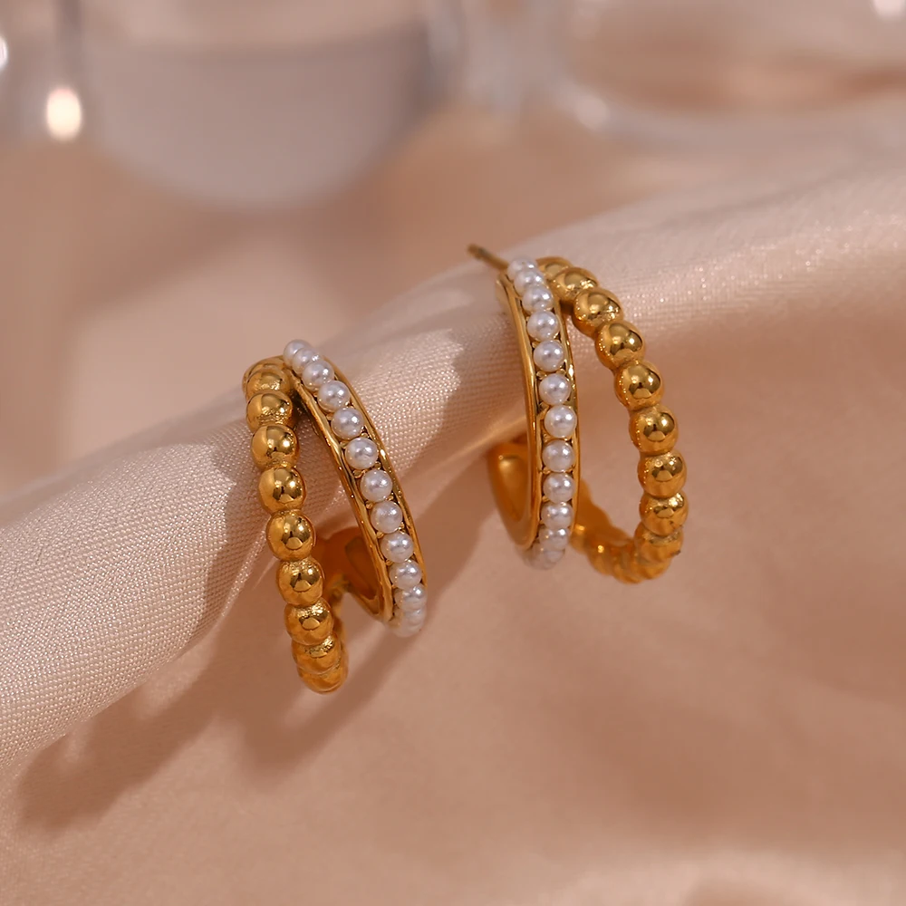 E.B.belle Double Layers Stacked Pearl Hoop Earrings For Women 18K Gold Plated Stainless Steel Chunky Statement Party Earrings