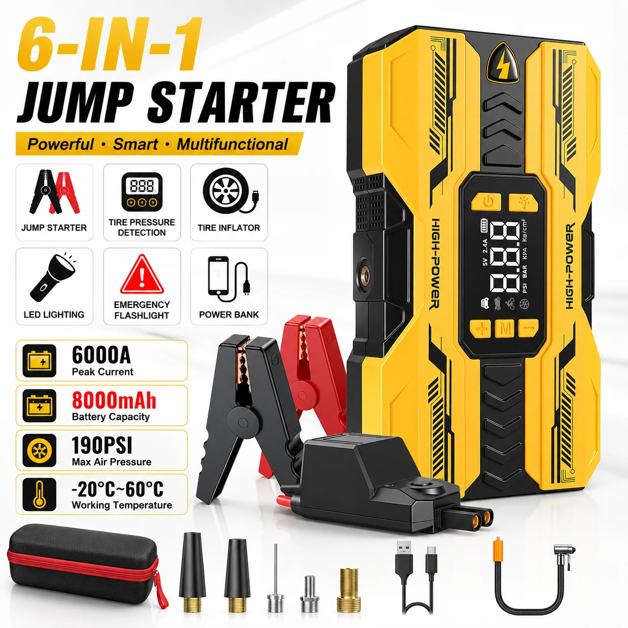 Image of 6-in-1 Auto-Starthilfe mit Luftkompressor 6000A, 8000mAh Tragbarer Batterie-Booster, 190PSI Reifenfüller, LED-Licht, USB-Powerbank, 12V