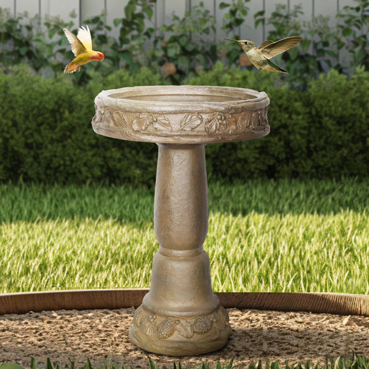 

16.3" Diameter x 23.8" H Outdoor Vintage Cement Garden Bird Pond, Concrete Pedestal Birdbath and Feeder for Backyard Lawn Decor