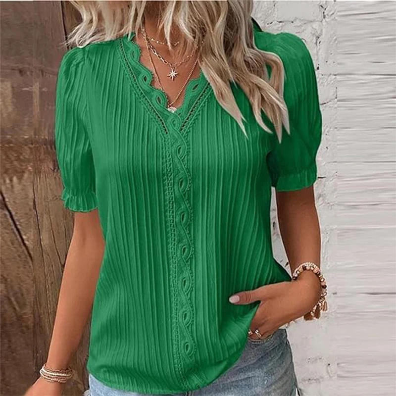 2024 New Summer Women\'s Top Solid Sexy V-Neck Hollow Short Sleeve Shirt Fashion Splice Plus Size Blouse Loose Street Apparel