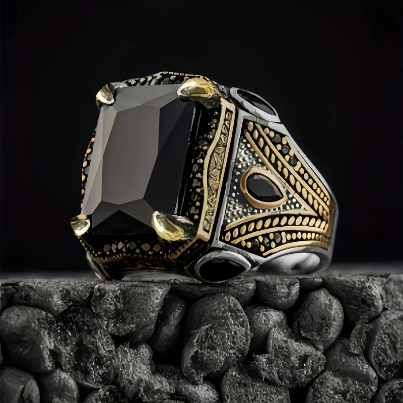 Retro Handmade Turkish Signet Rings For Men Ancient Silver Color Carved Eagle Ring Black Zircon Inlay New Punk Motor Biker Ring