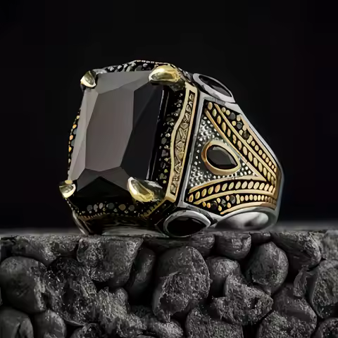 Retro Handmade Turkish Signet Rings For Men Ancient Silver Color Carved Eagle Ring Black Zircon Inlay New Punk Motor Biker Ring