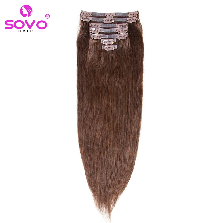 SOVO Straight Clip In Hair Extensions Human Hair 7pcs 120g Seamless Invisible Pu Clip In Human Hair Extension Remy Hair Colored