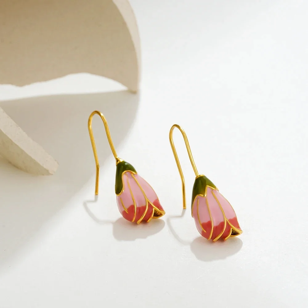 Vintage Verse Roze Emaille Tulp Bloemen Lange Kwast Drop Bengelen Oorbellen Voor Vrouwen Meisjes Zoete Bloemen 18K Vergulde Oorhaken - afbeelding 2