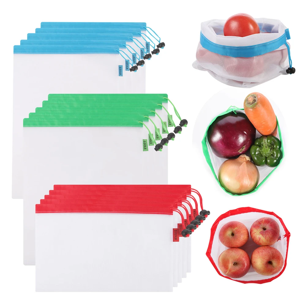 

15pcs Reusable Produce Bags Vegetable Fruit Mesh Bag Grocery Storage Bag with Drawstring