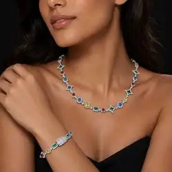 Bijoux Hip Hop colorés pour femmes, collier glacé, lien de pierres précieuses en cristal, bracelet JOBracelet, plaqué or blanc, mode