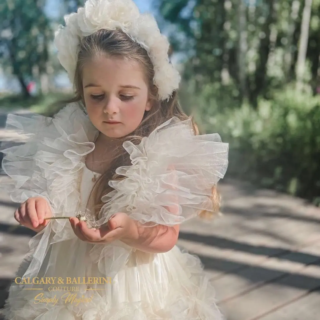 Abito da spettacolo vintage per servizio fotografico con volant in tulle lungo per compleanno per bambini Abito da festa Boho Abito da ragazza di fiori avorio per matrimoni