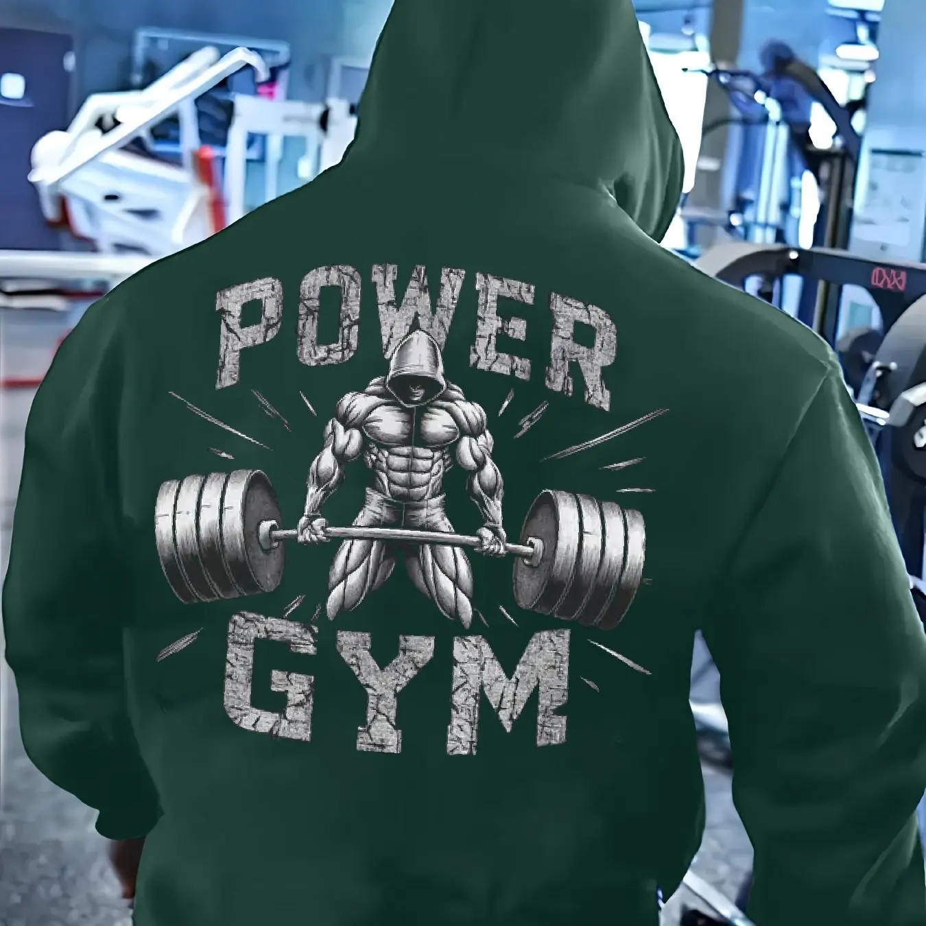 Men's fitness hoodie with muscle display pattern and strength gym letters and pockets, suitable for fitness training
