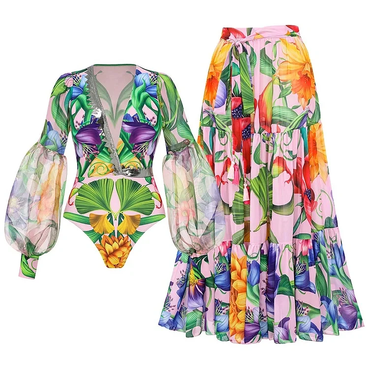 

Women Swimwear V-neck Long Sleeve Flowers Printed One Piece Swimsuit and Skirt Beachwear Bathing Suit bikini Two piece