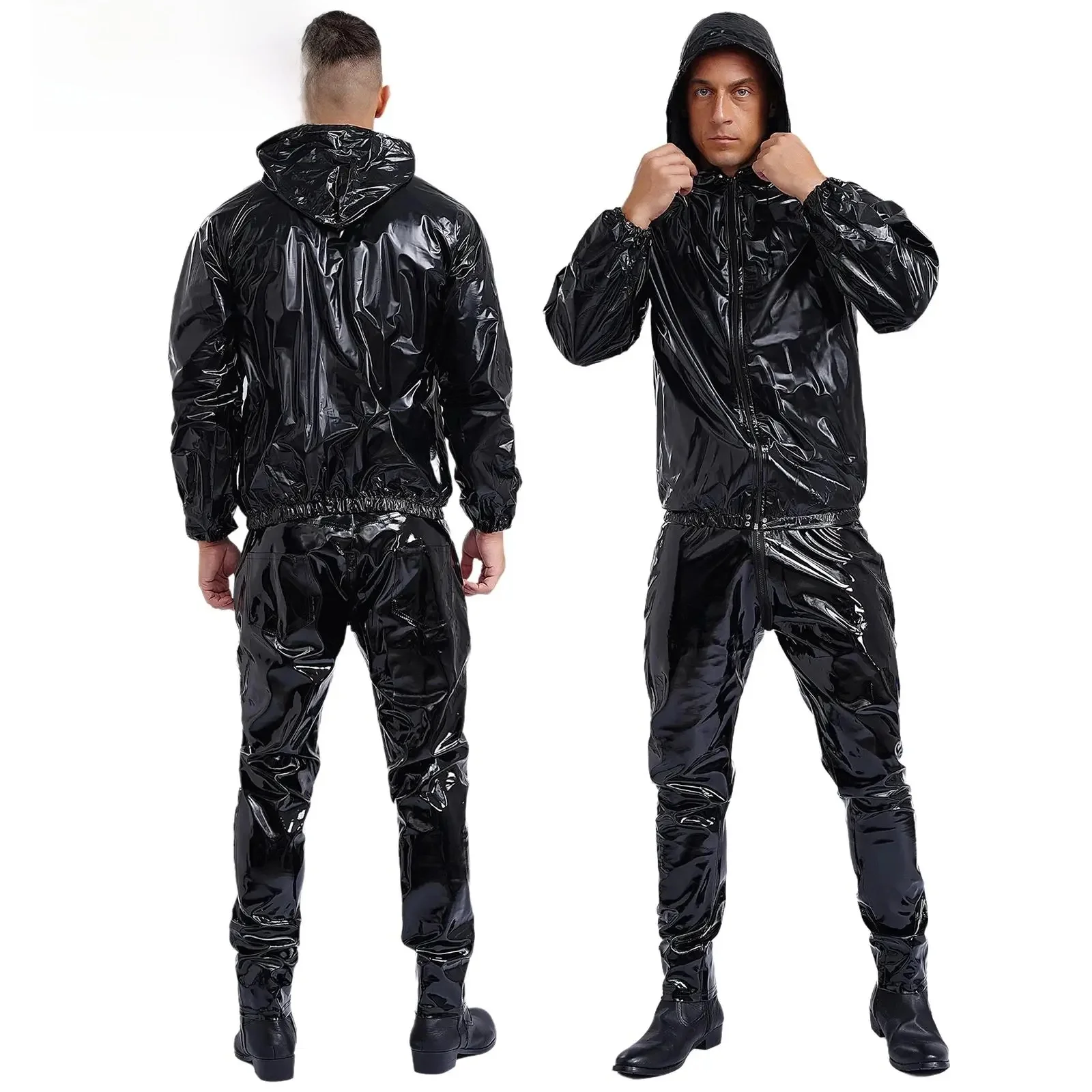 AliExpress NONE PVC Sauna Suit Cycling Exercise Gym Workout Yoga Clothes Long Sleeve Drawstring Hooded Jacket with Pants for Unisex Mens Womens