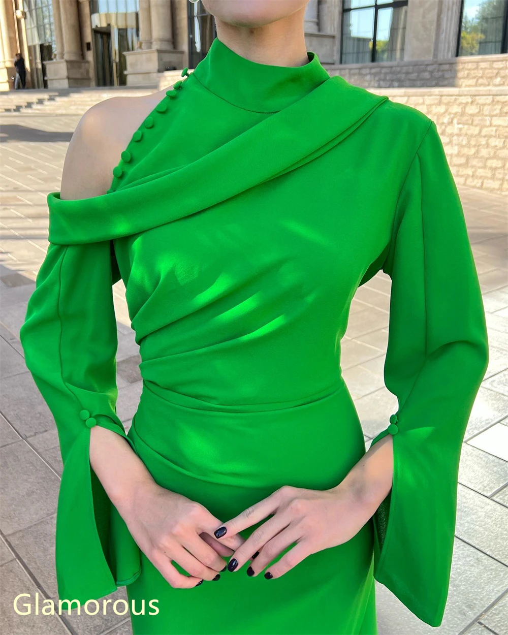Customized  Simple Green Jersey Evening Dress Exquisite High Collar Long Sleeves Homecoming Dresses Luxury Vestido De F image 2