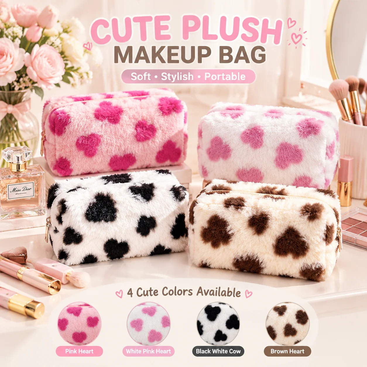 Cute Sweet Heart Pattern Plush Pouch Durable Makeup Girly Women Large Capacity Cosmetic Bag Travel Portable Storage Bags