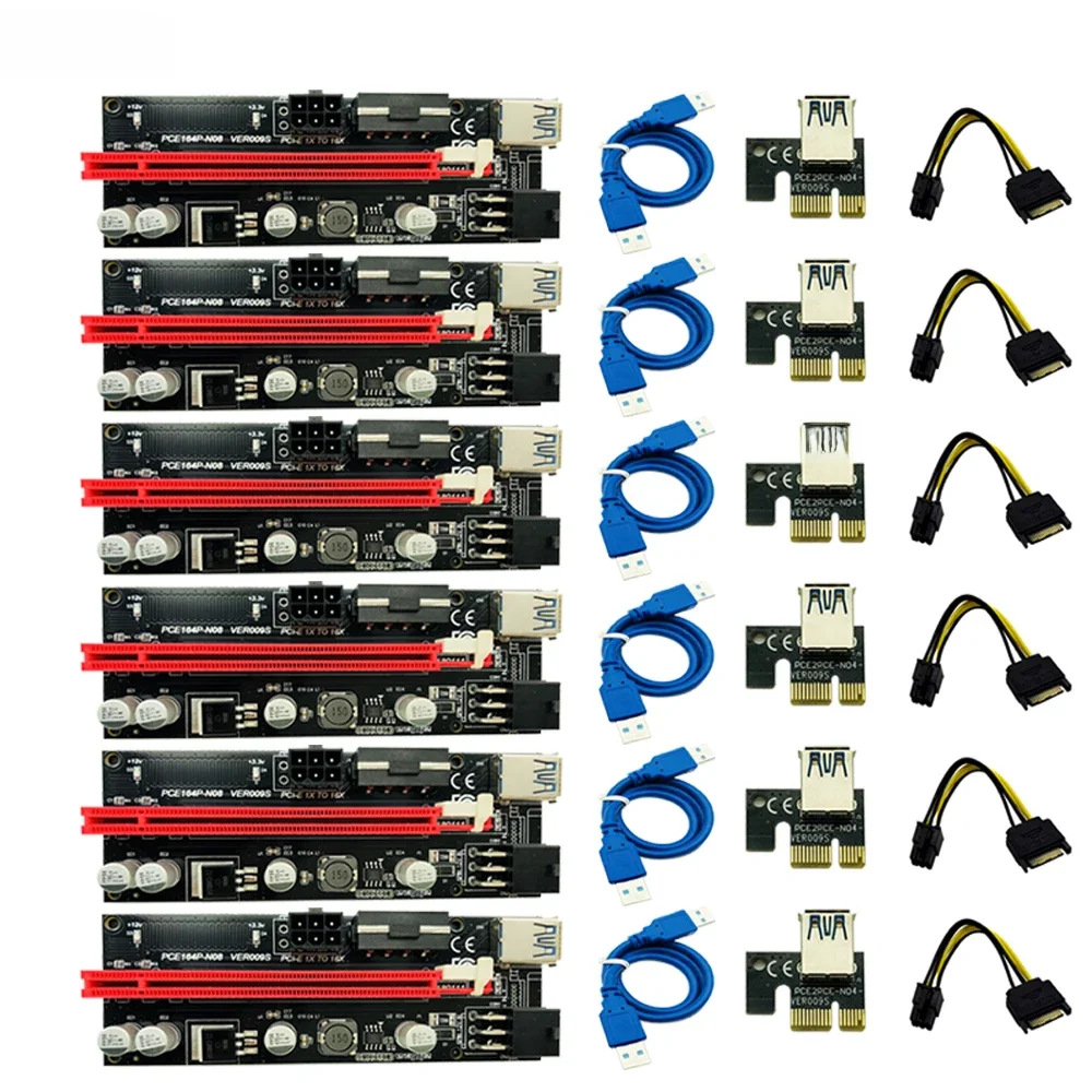 6 sztuk najnowszy VER009 USB 3.0 PCI-E Riser VER 009S Express 1X 4x 8x 16x Extender Adapter Riser karta SATA 15pin do 6 pin kabel zasilający — zdjęcie produktu 7