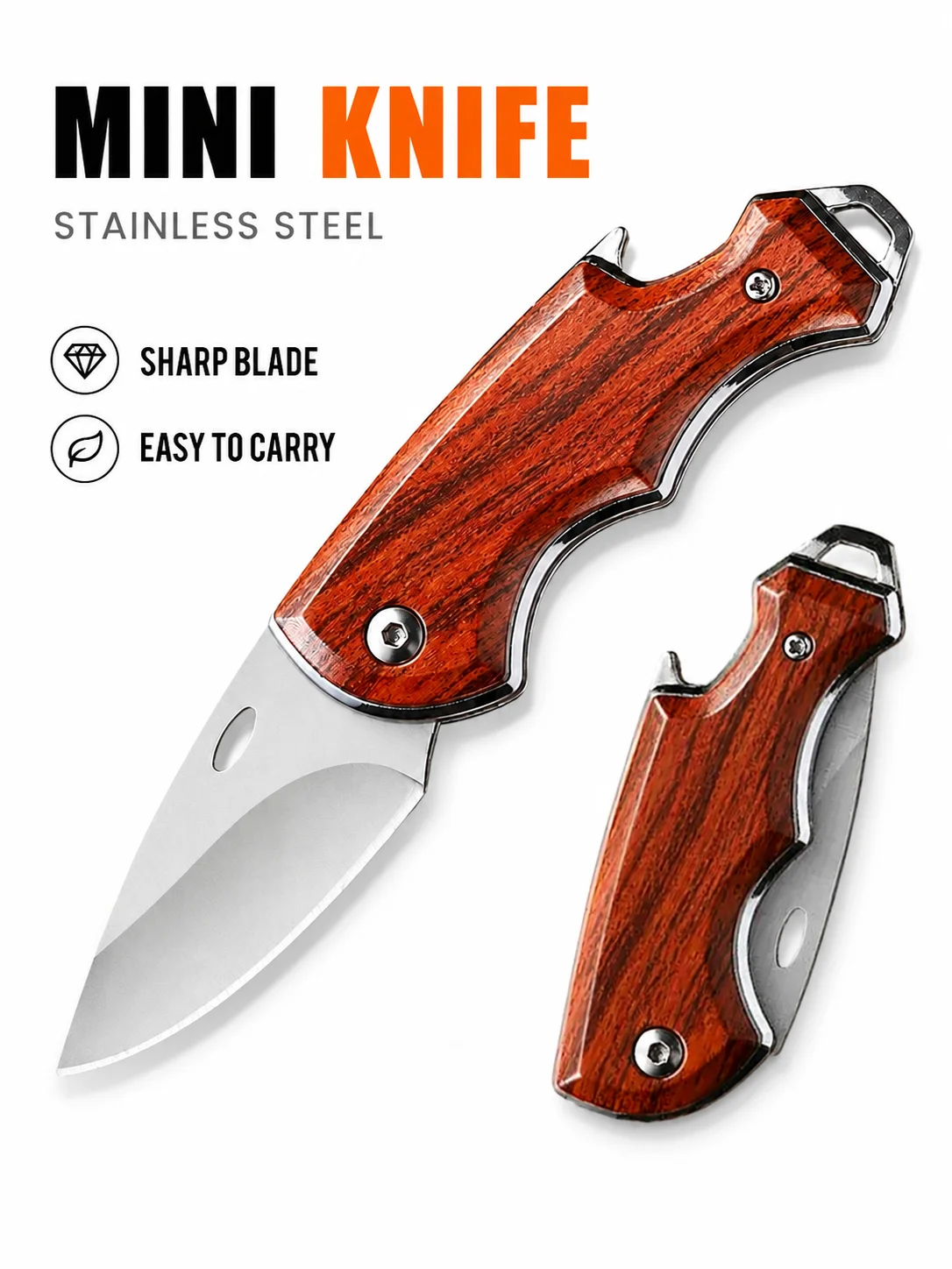 Mini EDC Folding Pocket Tool, Stainless Steel Compact Utility Tool with Wood Grain Handle, Lightweight Keychain Outdoor Gear