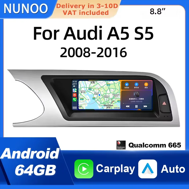 Kabelloses Carplay Android Auto Multimedia-Display für Audi A5 S5 2009-2016 Navigation Stereo Audio Android 14 Intelligentes System