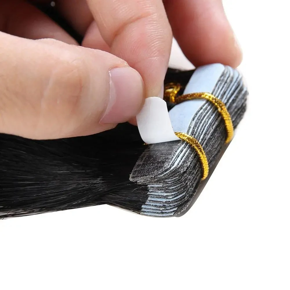 Extensões de cabelo humano para mulheres, Fita nas extensões do cabelo, Trama lateral dobro da pele, Cabelo humano real de 100%, Cor preta natural