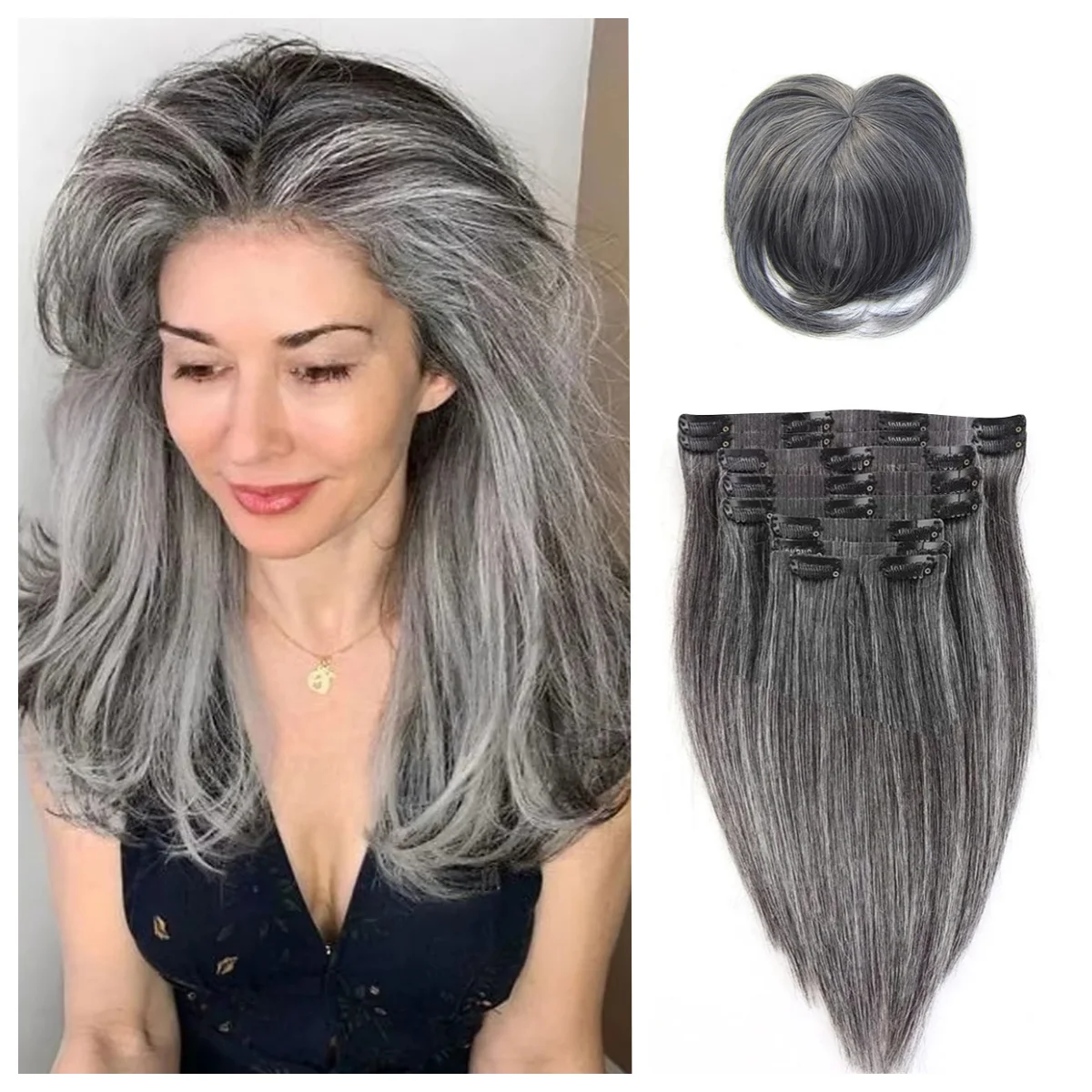 Extensiones de cabello con Clip de PU sin costuras para mujer, 14-24 pulgadas, 140G, trama de piel de cabello humano liso, Color de cabello gris, Clip en cabello humano