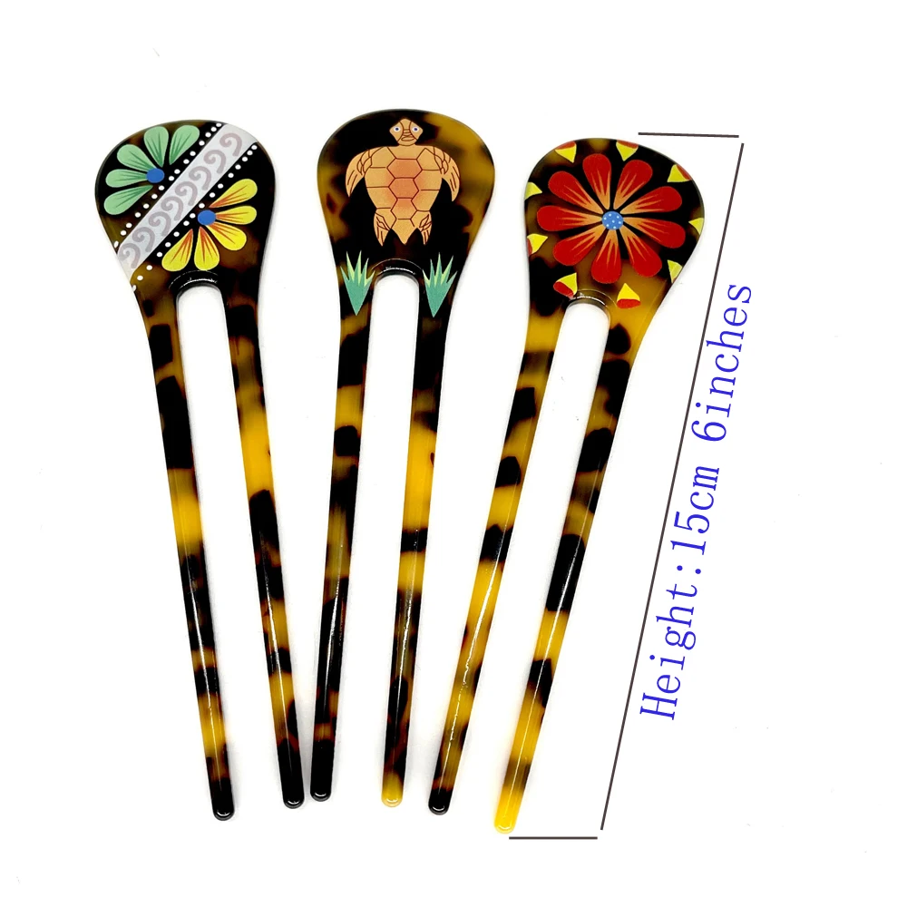 Tortoiseshell Turtle Flowers Printed Hair Sticks U-Shape Hairpins Fashion Hair Forks Accessories Headwear Jewelry