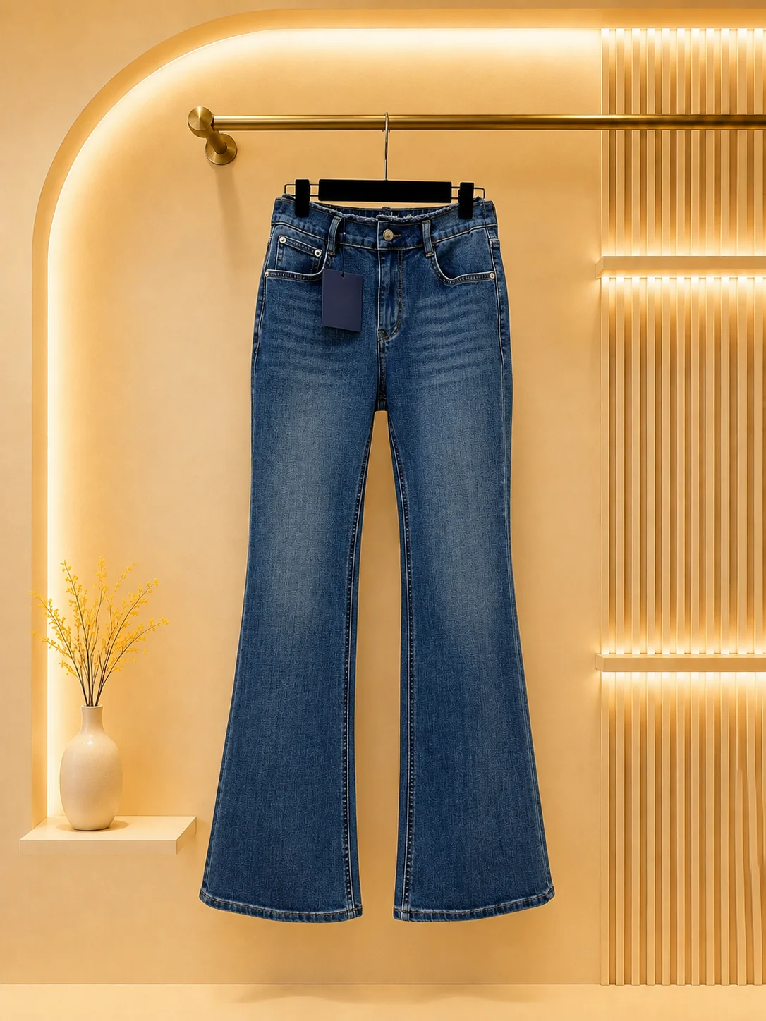 2026 Women Jeans High Rise Flare Washed Cotton Denim Textured Fabric Frayed Top Waist Multi Pocket Structure