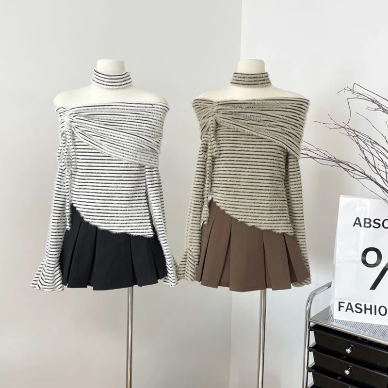 

Women Slim Off-Shoulder Tees Solid Color Striped Sweater Long Sleeve Slash Neck T-Shirts Clubwear Autumn Irregular Design Tops