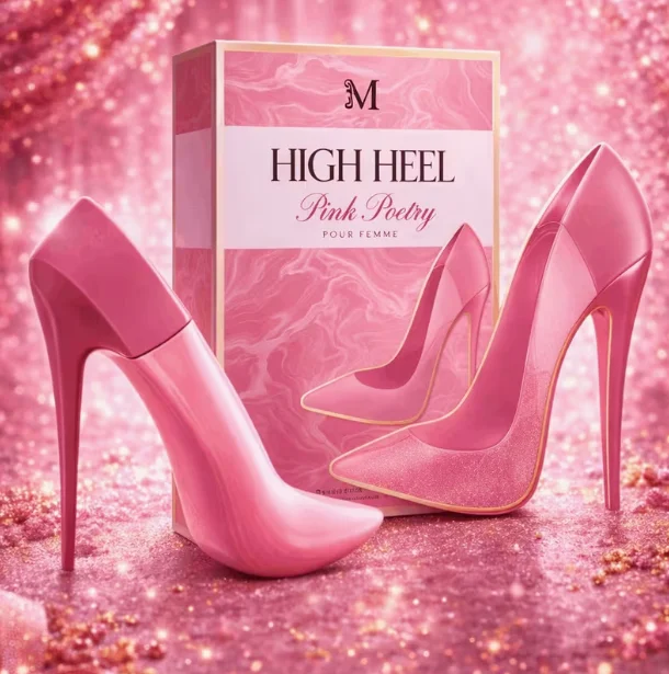 High Heel Pink Poetry 90ml - Montage Brands. Poetisches, blumig-fruchtiges Eau de Parfum mit süßen Noten von Orangenblüte, zarter Rose, Zitrus, Geranium, warmem Kreuzkümmel und einer romantischen