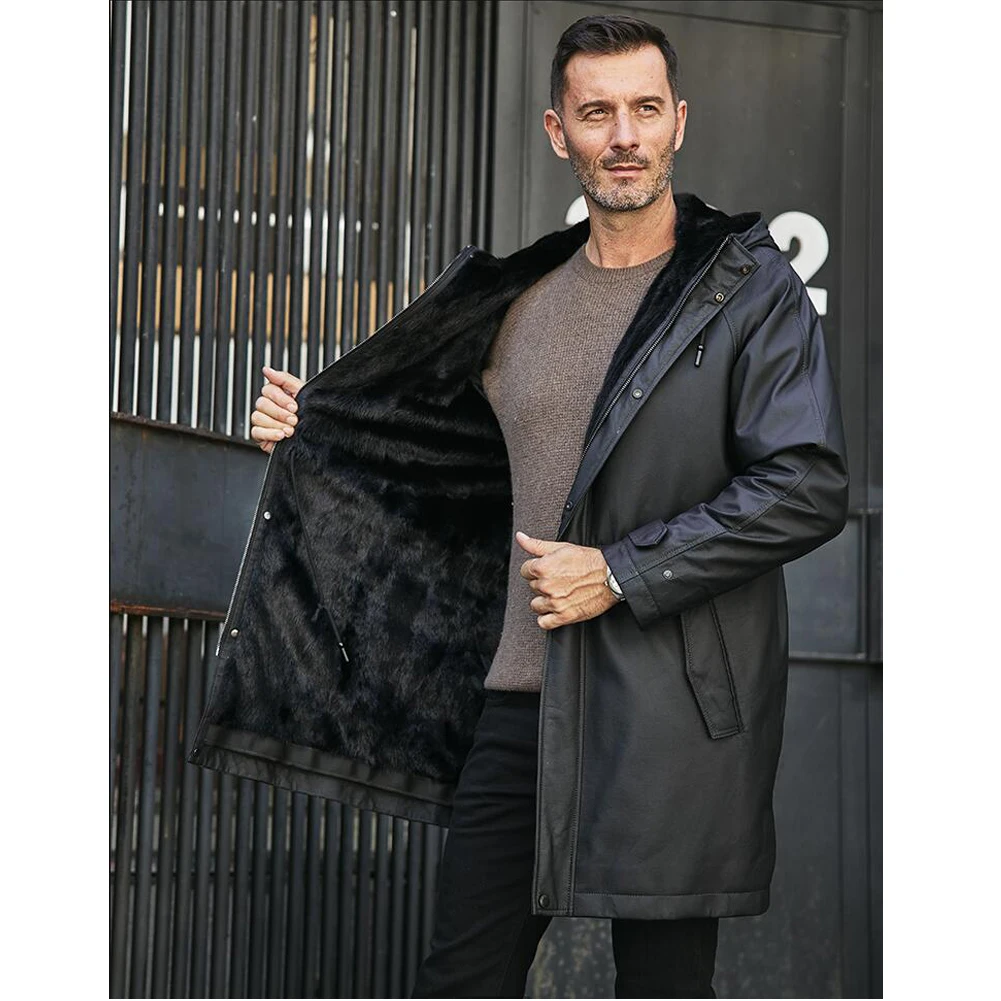 Denny&Dora Men's Leather Jacket Cowhide Leather Jacket Black Color Long Leather Jacket With Mink Fur Lining