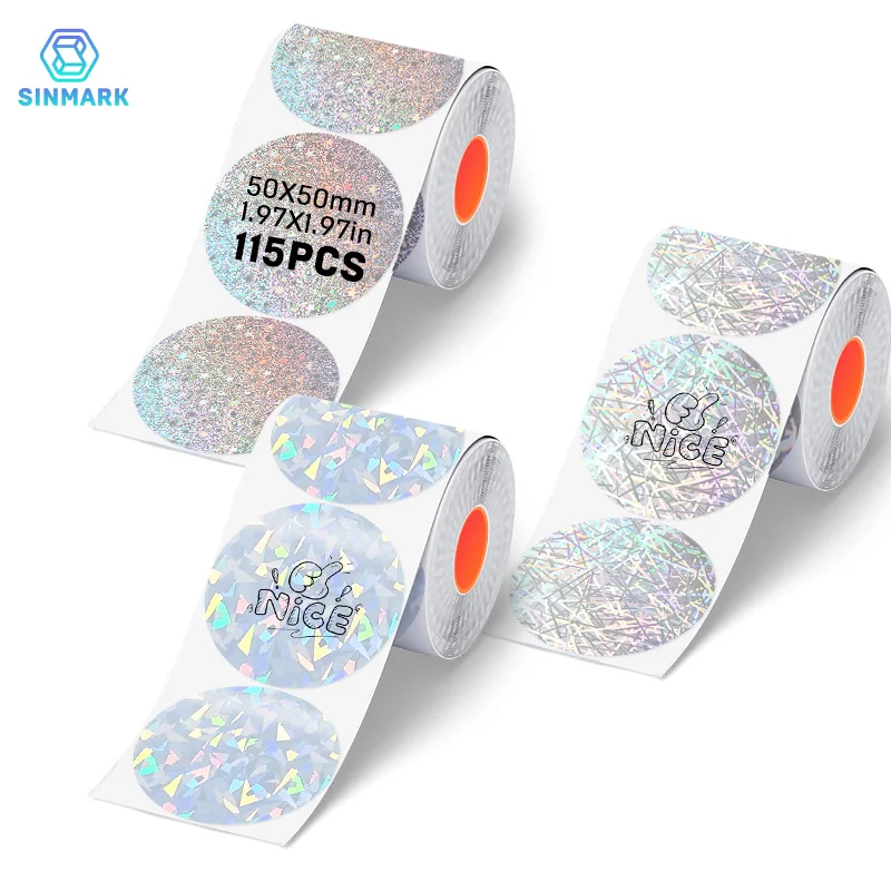 SINMARK 3 Rolls Holographic Laser Thermal Label 50mm Round Suit for Portable Thermal Printer SK20/M110/M220/P50 Sliver Sticker