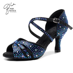 Mulher preto strappy rhiestone latina salsa sapatos de dança feminino camurça sola kizomb ballroom sapatos para casamento 3.5 salto queimado