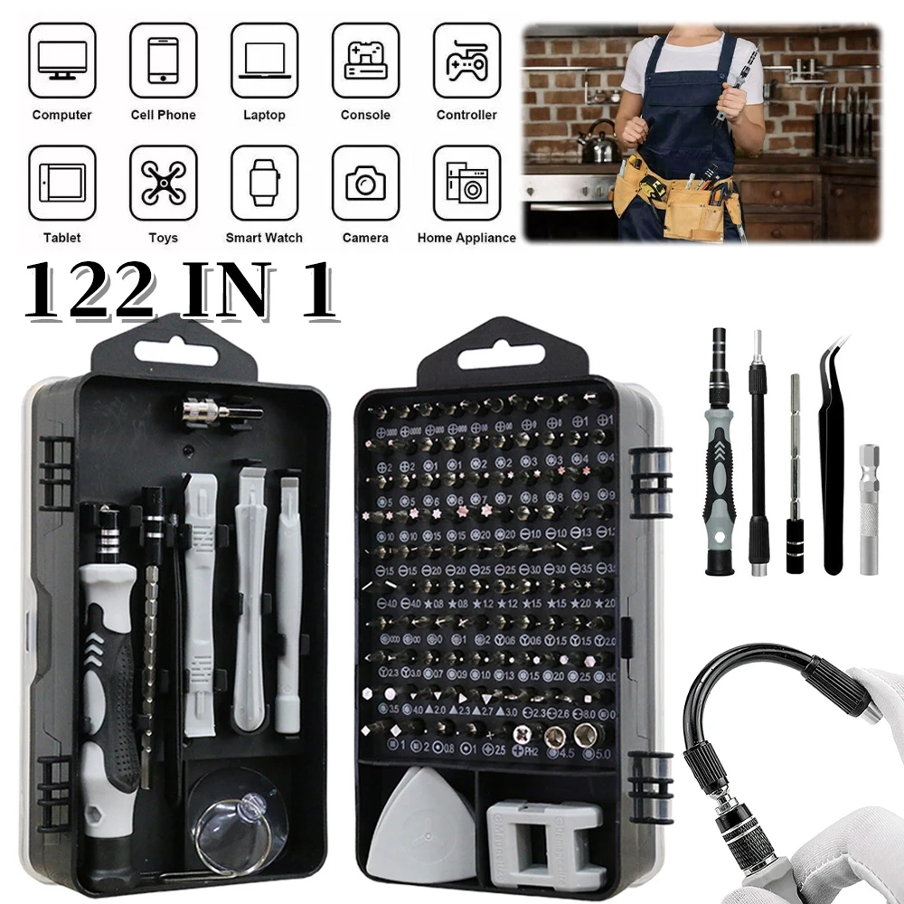 122 in 1 Precision Screwdriver Set, Chromium Vanadium Steel Repair Kit for Smartphone, PC, Laptop, Eyeglasses, Watch, Camera, Toy, with Magnetic Tips, 122 Piece Precision Screwdriver Tool Set, 101 Bits + 21 Tools, Magnetic Flexible Extension Shaft