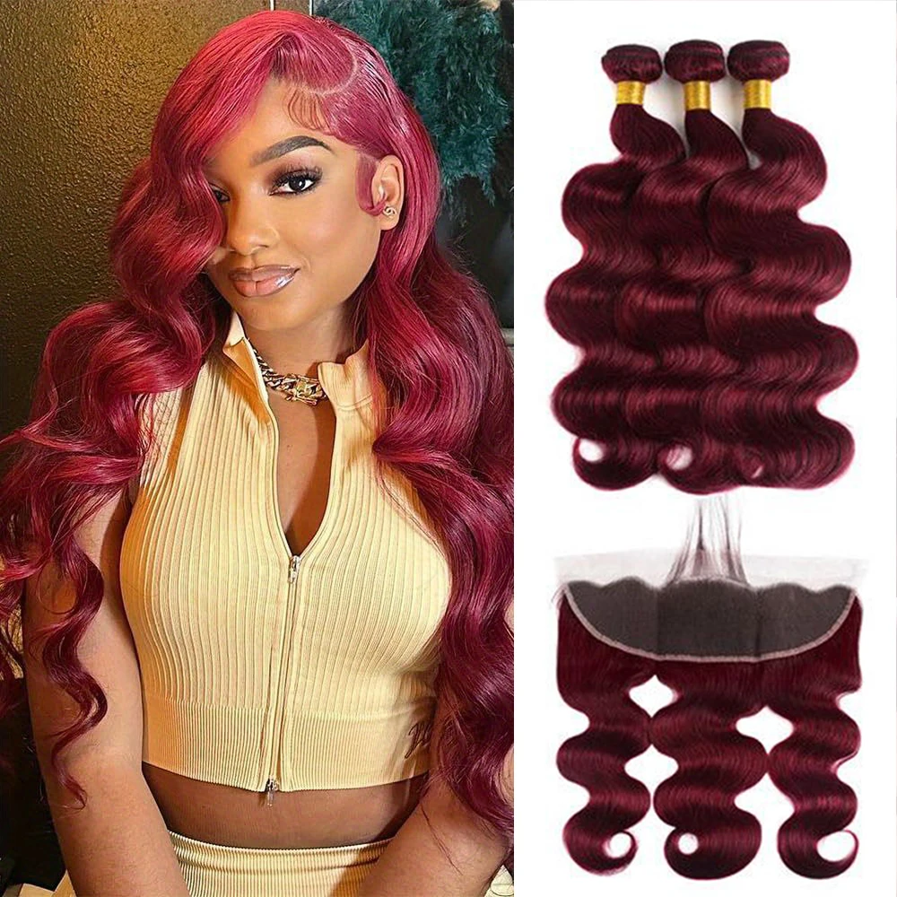 

Burgundy #99J Body Wave 2 Bundles with Frontal Brazilian Virgin Remy Wavy Hair 3 Bundles with 13×4 Lace Frontal Wine Red Colored