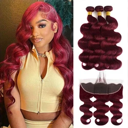 Burgundy #99J Body Wave 2 Bundles with Frontal Brazilian Virgin Remy Wavy Hair 3 Bundles with 13×4 Lace Frontal Wine Red Colored