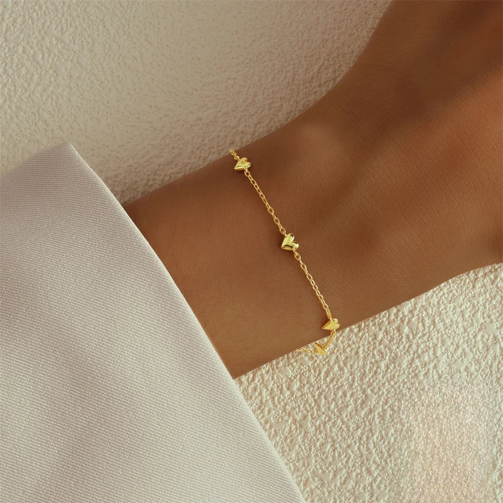 CANNER New S925 Sterling Silver Mini Gold Love Heart Charm Bransoletka Łańcuch Dla Kobiet Luksusowa Biżuteria Prezenty Pulsera Bangles браслет — zdjęcie 2