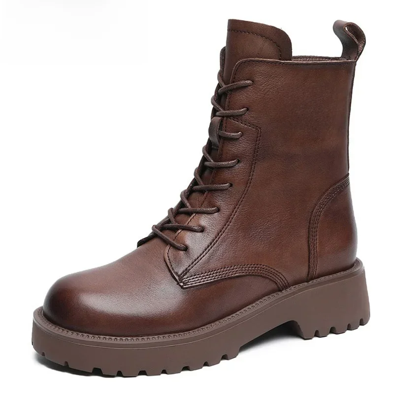 DRKANOL Style britannique fait à la main rétro hiver femmes plate-forme talon bottes de luxe en cuir de vache complet mi-mollet talon épais bottes chaudes