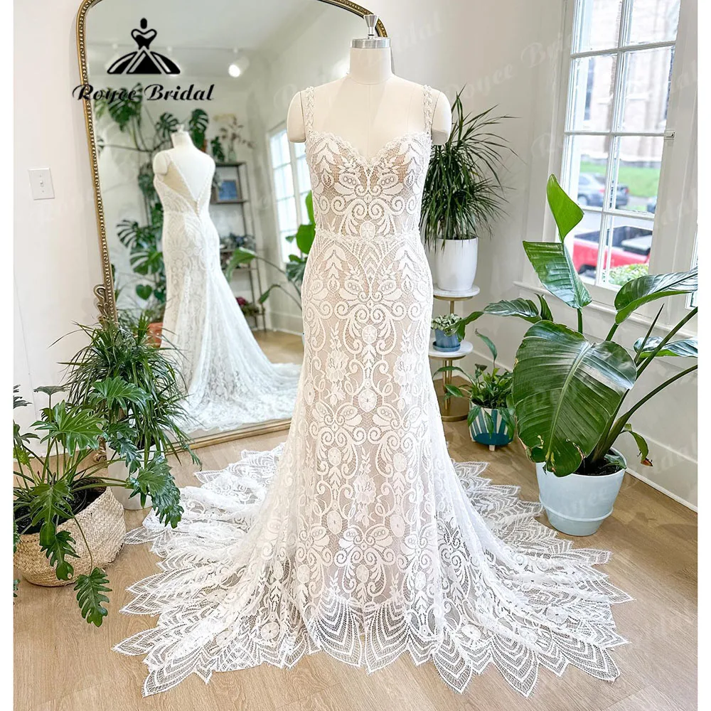 Hochzeitskleid-vestido de novia con tirantes finos para mujer, traje elegante de encaje con corte sirena, estilo bohemio, para recepción nupcial, 2023