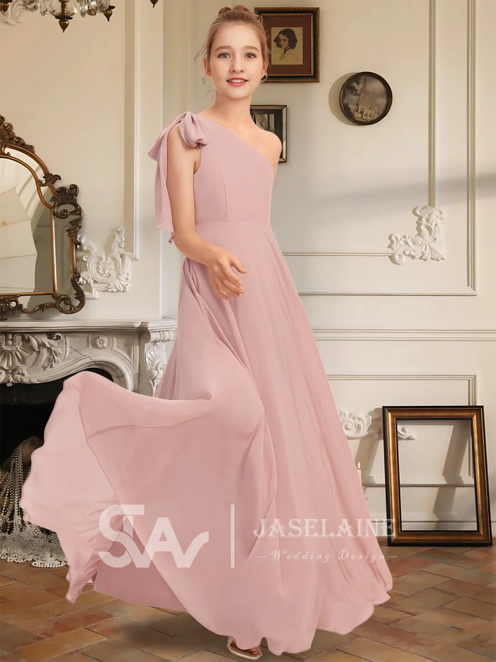 

A A Line One Shoulder Floor Length Chiffon Junior Bridesmaid Dress With Bow Sleeveless Flower Girl Dress Wedding Party Formal