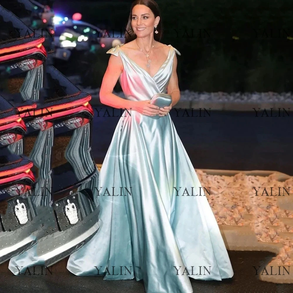 

YALIN Formal V-Neck Celebrity Dresses Floor Length Satin Spahetiti Straps Prom Dress With Bow A-Line Light Blue Evening Gown