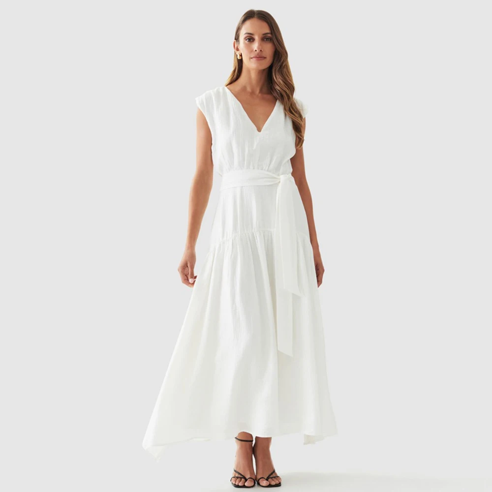 

Simple Medi Wedding Dress White Bespoke Occasion Gown Chiffon Wedding Party A-line V-neck Midi Dresses Civil Wedding Dresses